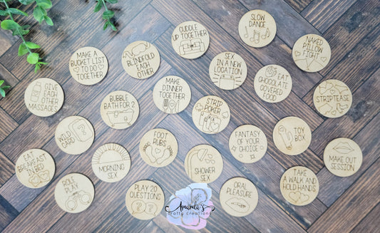 "Naughty or Nice" activity tokens, laser engraved wood token jar and ideas, adult couple, gift idea