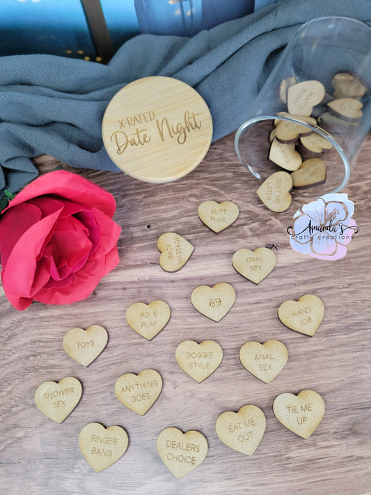 "X Rated Date Night" ideas tokens, laser engraved wood token jar and ideas, adult couple, gift idea