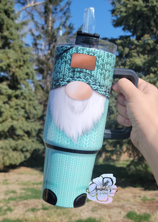 "Gnome" tumbler, 40 oz metal tumbler with handle, gnome lover, metal tumbler with straw