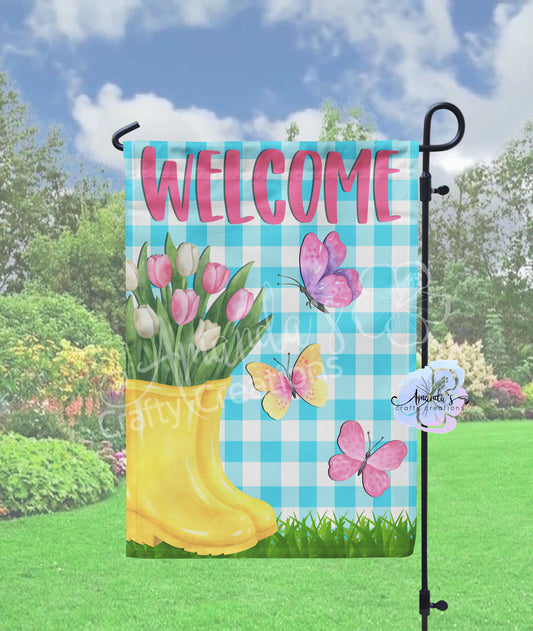 Welcome Spring rain boot and butterfly garden flag