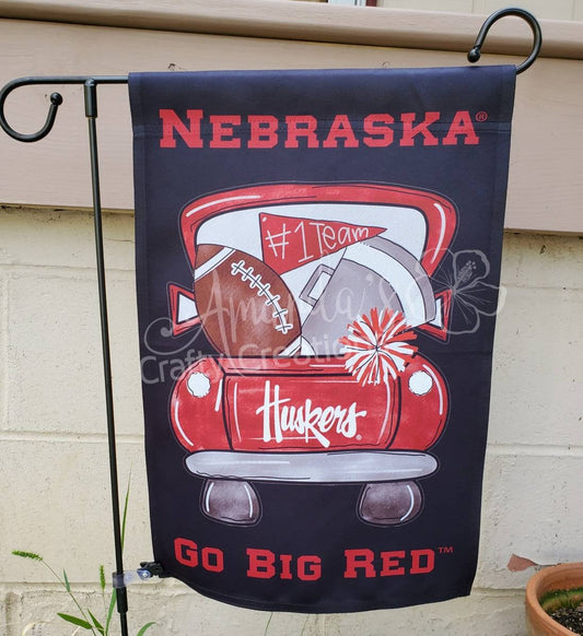 "NE Tailgate" Nebraska Huskers, Nebraska Flag, Nebraska Garden Flag, Licensed Nebraska Cornhusker Product,Football, Football Flag, Nebraska, Vintage Truck, Home Decor, Husker gift, Sports