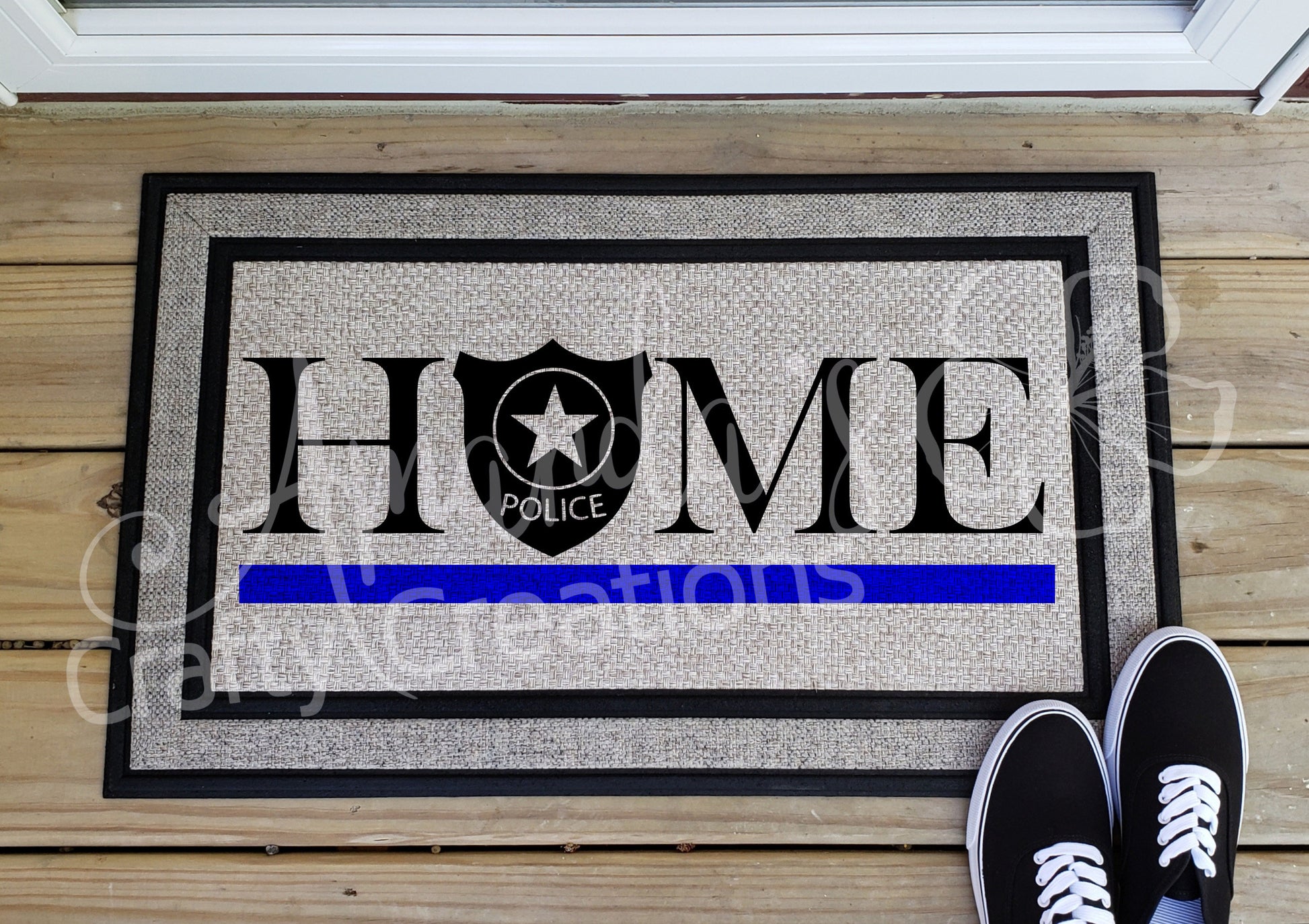 Home with police badge and thin blue line door mat