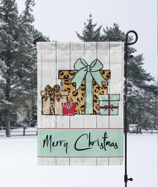 Merry Christmas garden flag with mint and leopard print presents
