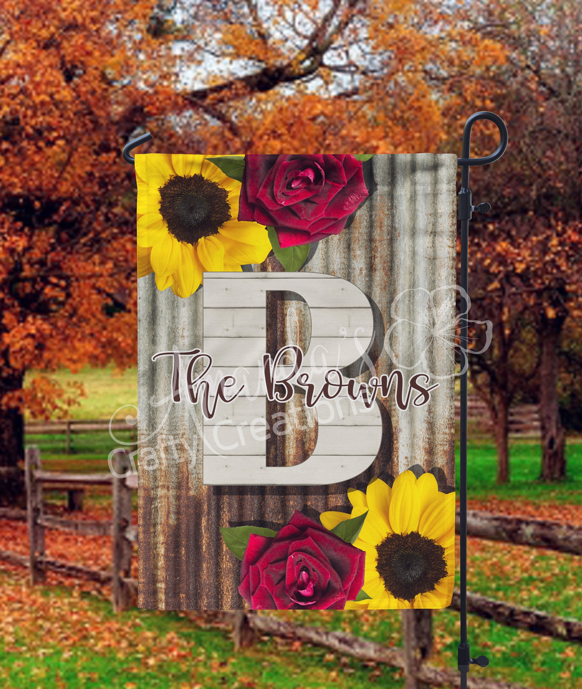 Customizable monogram garden flag with sunflowers and red roses