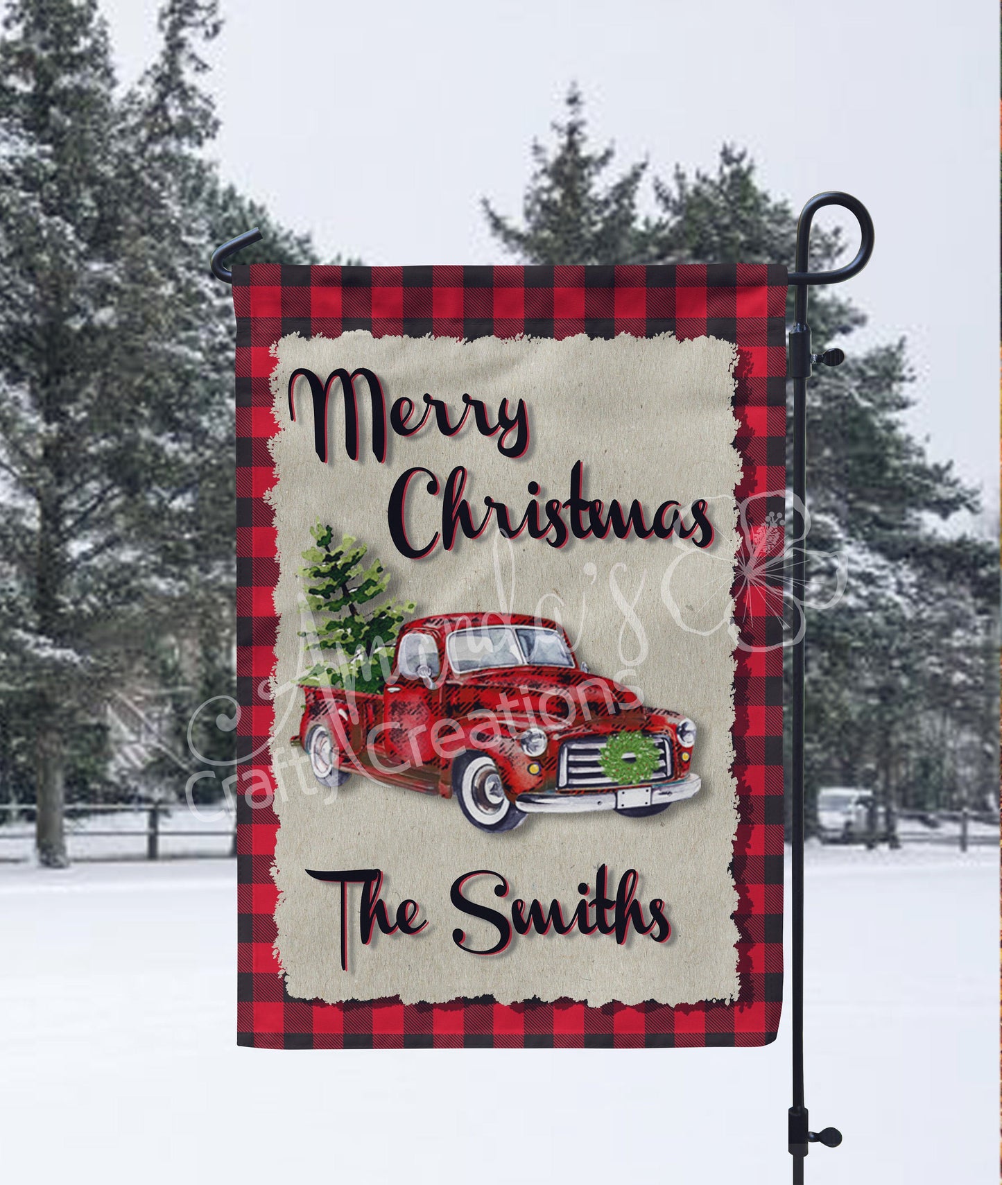 Customizable Merry Christmas red and black buffalo check garden flag with antique truck