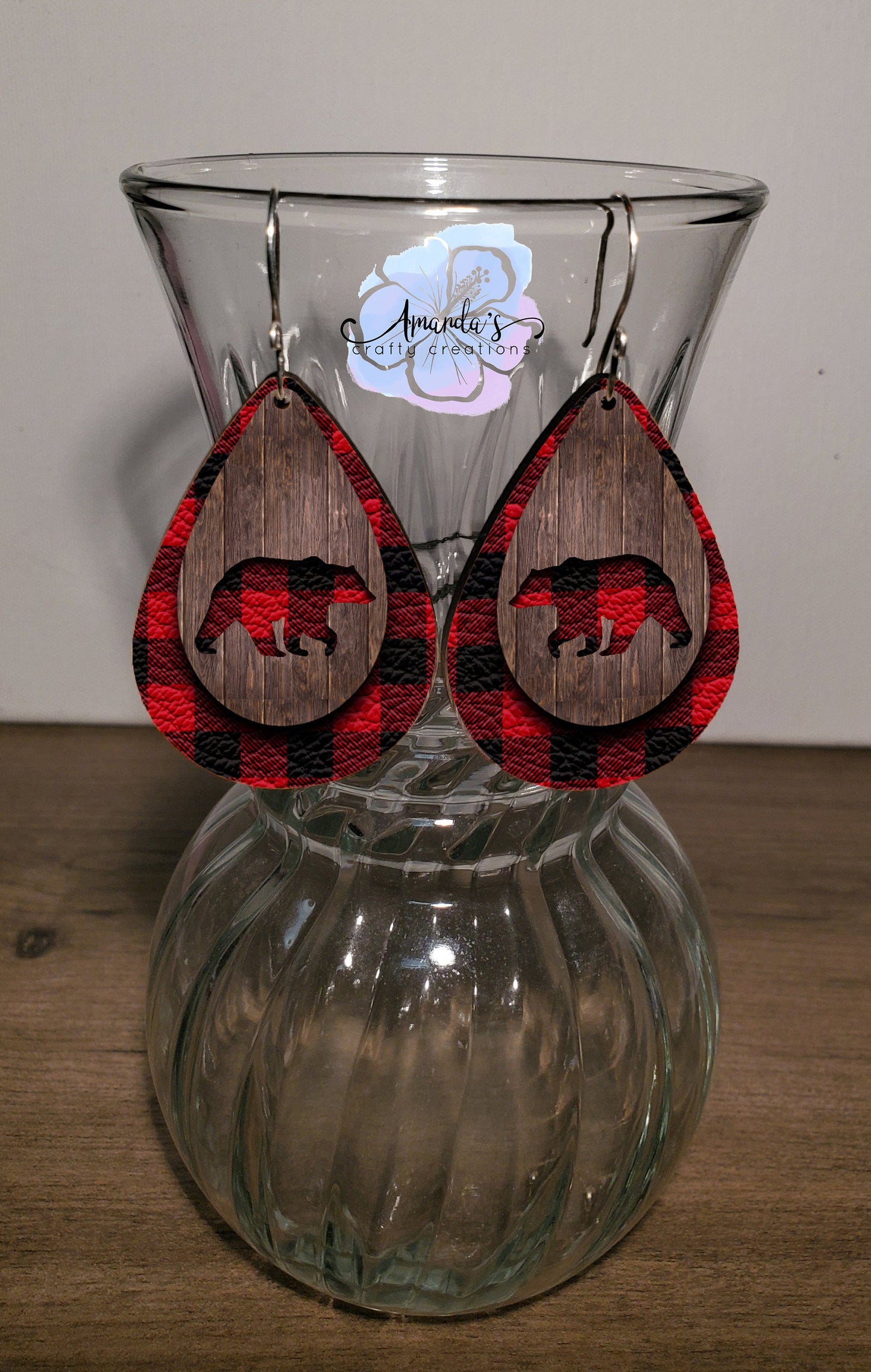 Drop Earrings, red and black buffalo plaid with bears