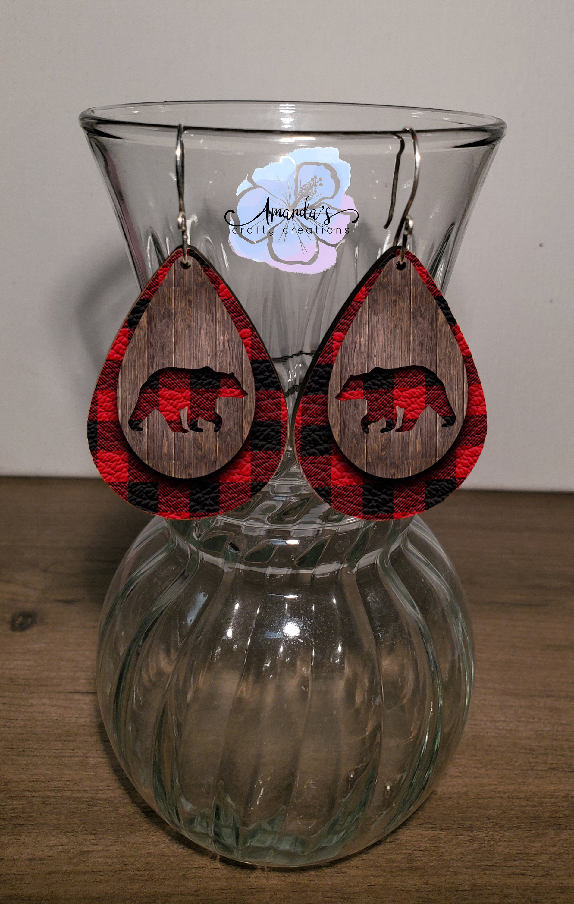 Drop Earrings, red and black buffalo plaid with bears