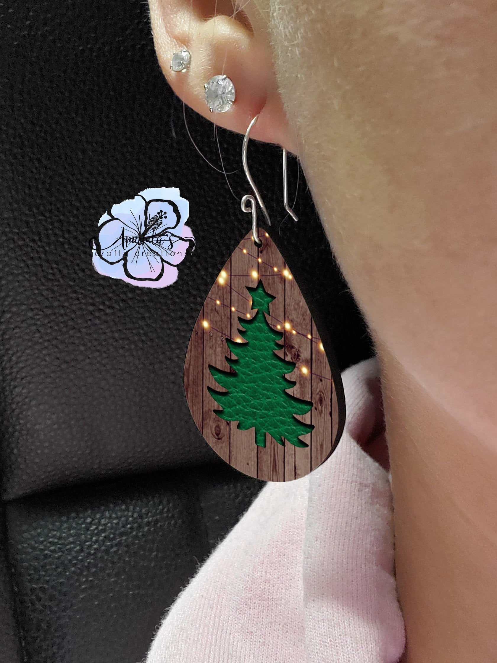 Drop Earrings, Christmas wooden with green tree