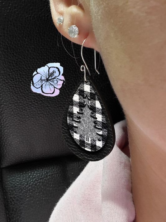Drop Earrings, Christmas black and white buffalo plaid with silver tree