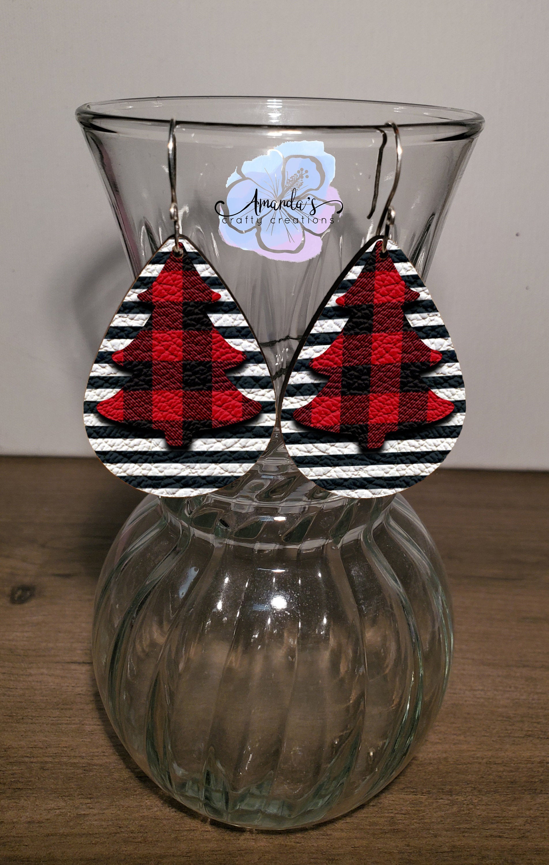 Drop Earrings, black and white stripes with red and black buffalo plaid Christmas tree
