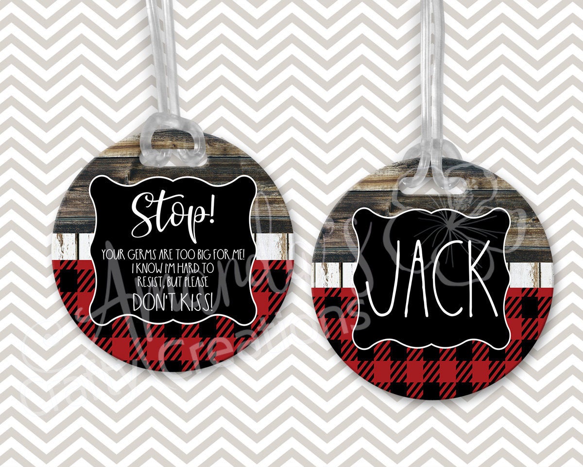 Stop wash your hands before touching and don't kiss the baby stroller tags, red buffalo plaid