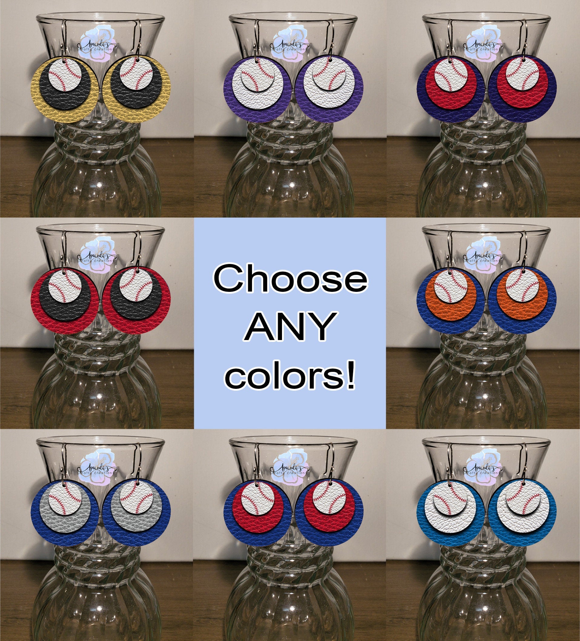 Drop Earrings, Dangle Baseball Earrings, Custom Baseball Earrings, Team Color Baseball Earrings