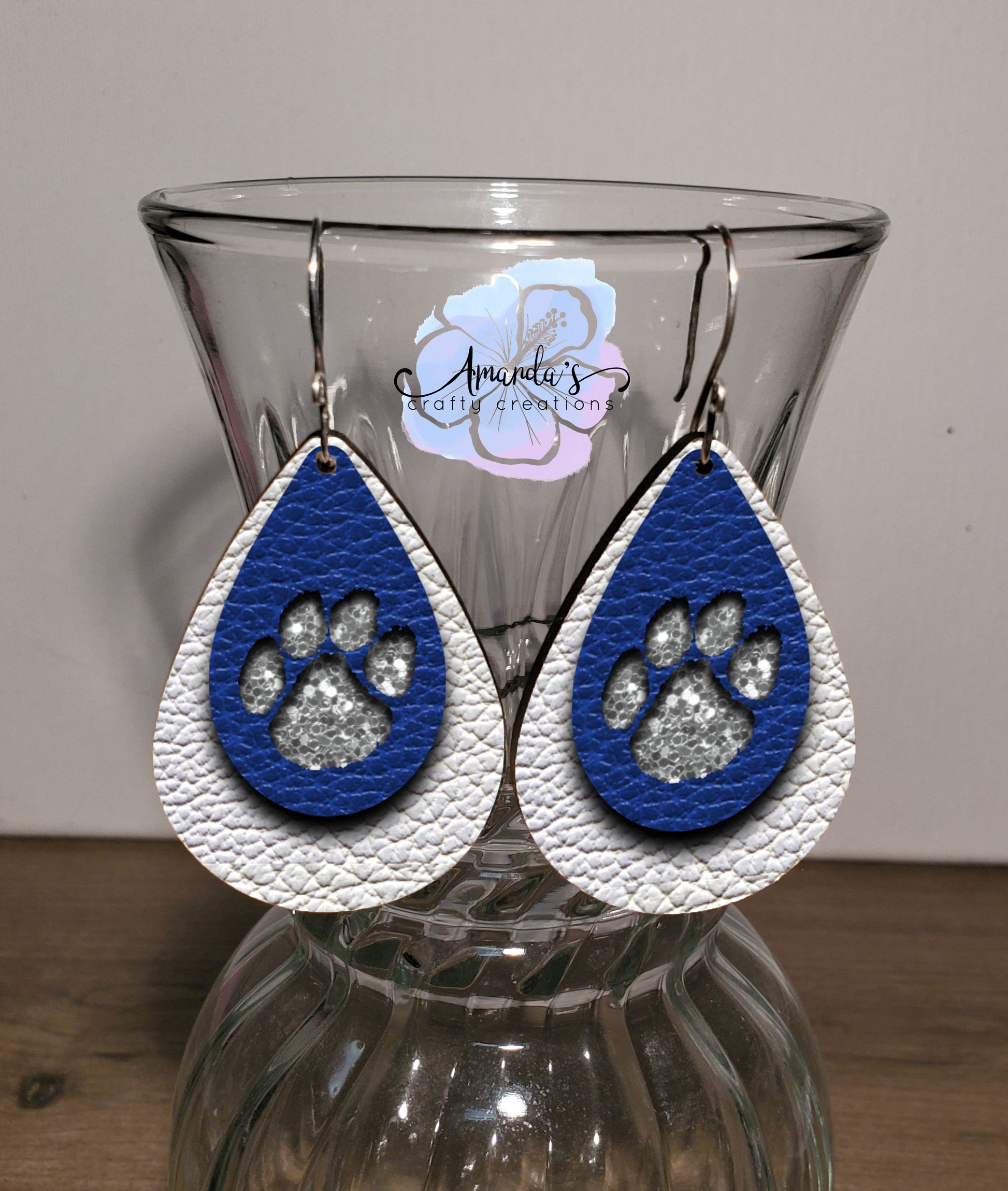 Drop Earrings, blue and silver dog prints