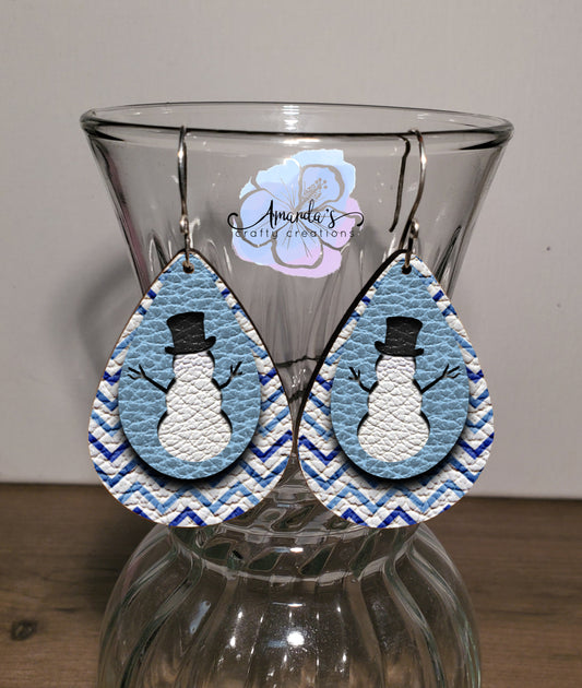 Drop Earrings, blue and white snowman