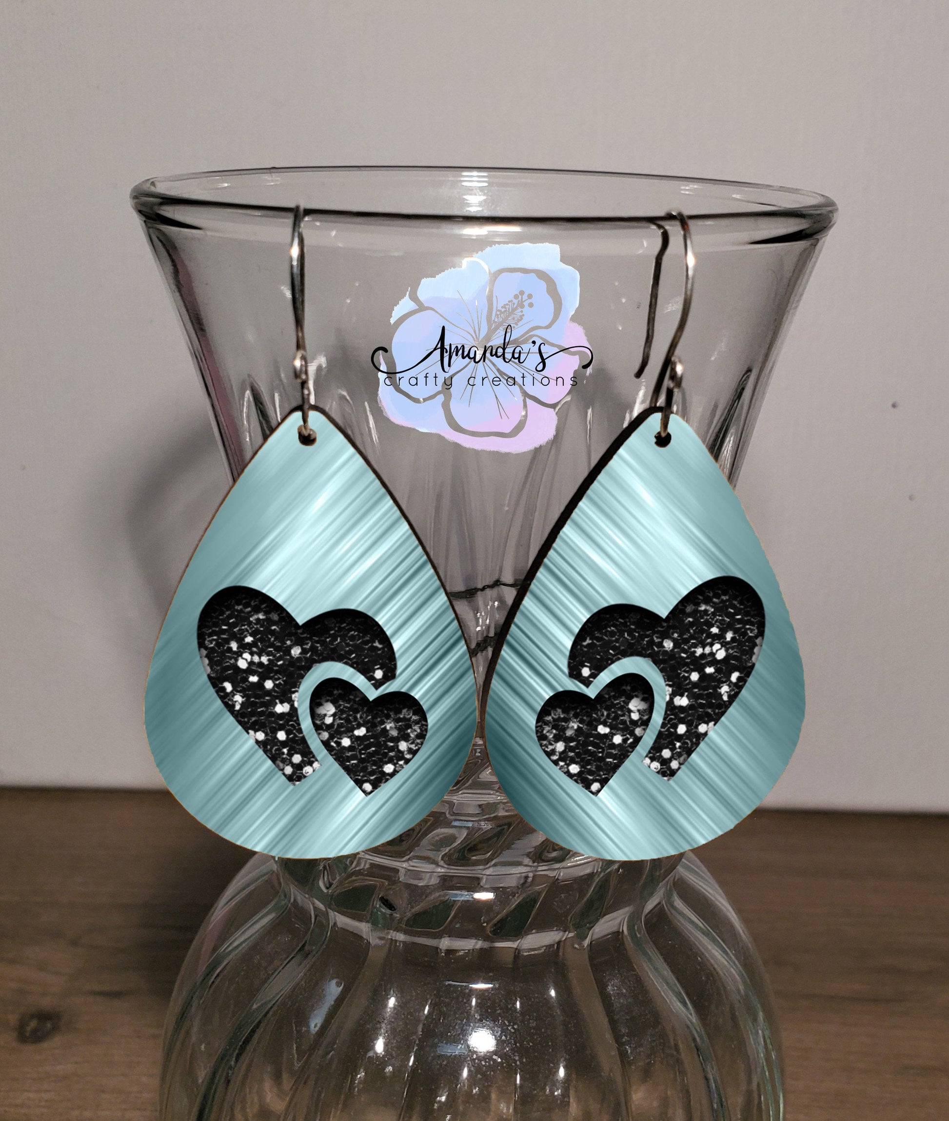 Drop Earrings, aqua brushed metal with black sparkle hearts
