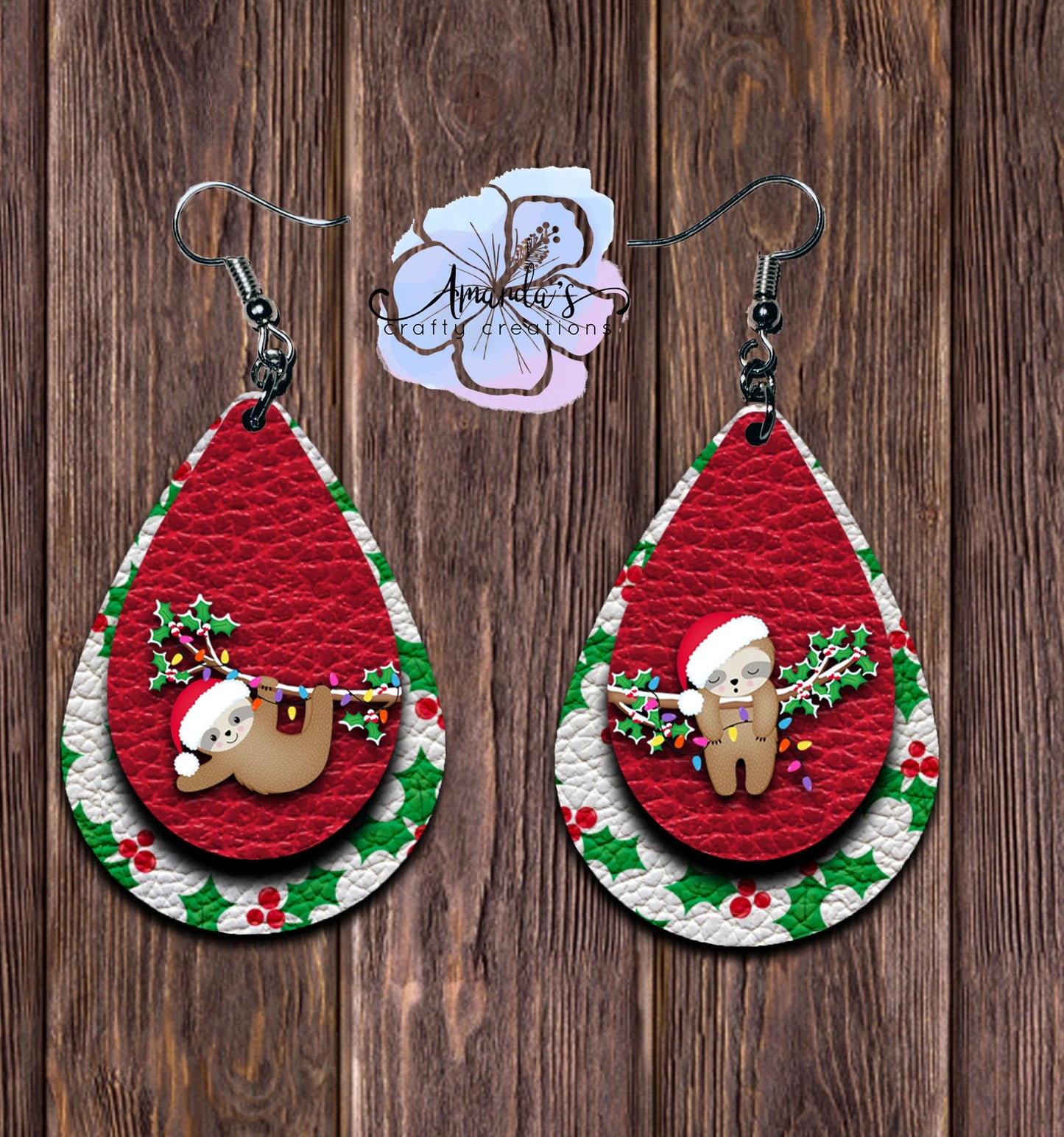 Drop Earrings, Dangle Earrings, Christmas Sloths, Earrings, Leather Texture Earrings, Layered look earrings, Drop earrings jewelry