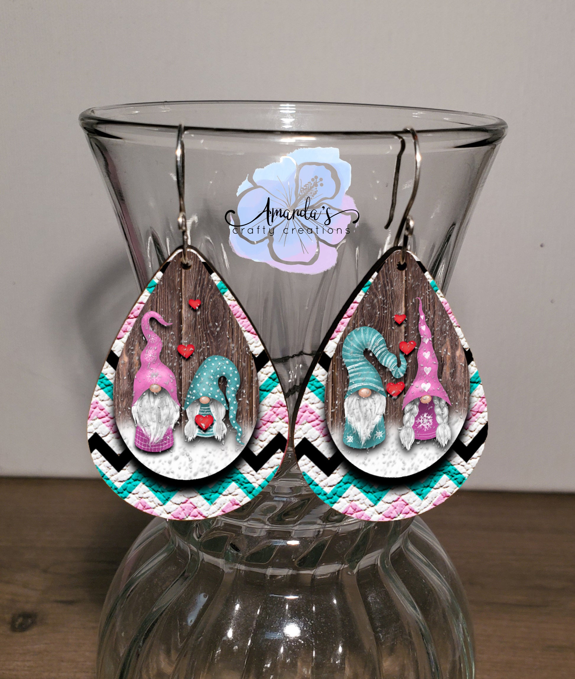 Drop Earrings, pink and teal heart gnomes
