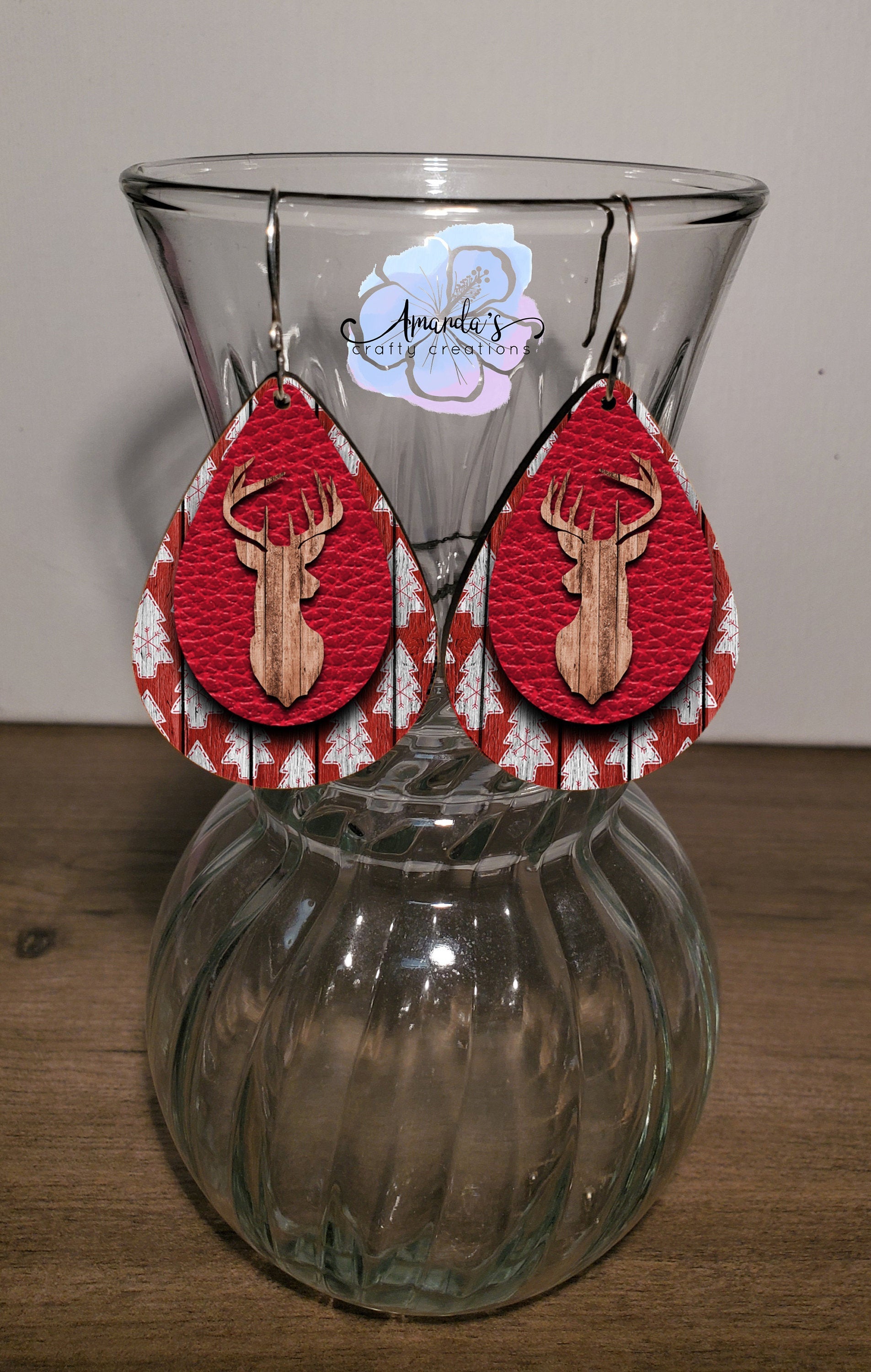 Drop Earrings, Christmas red and white trees with deer