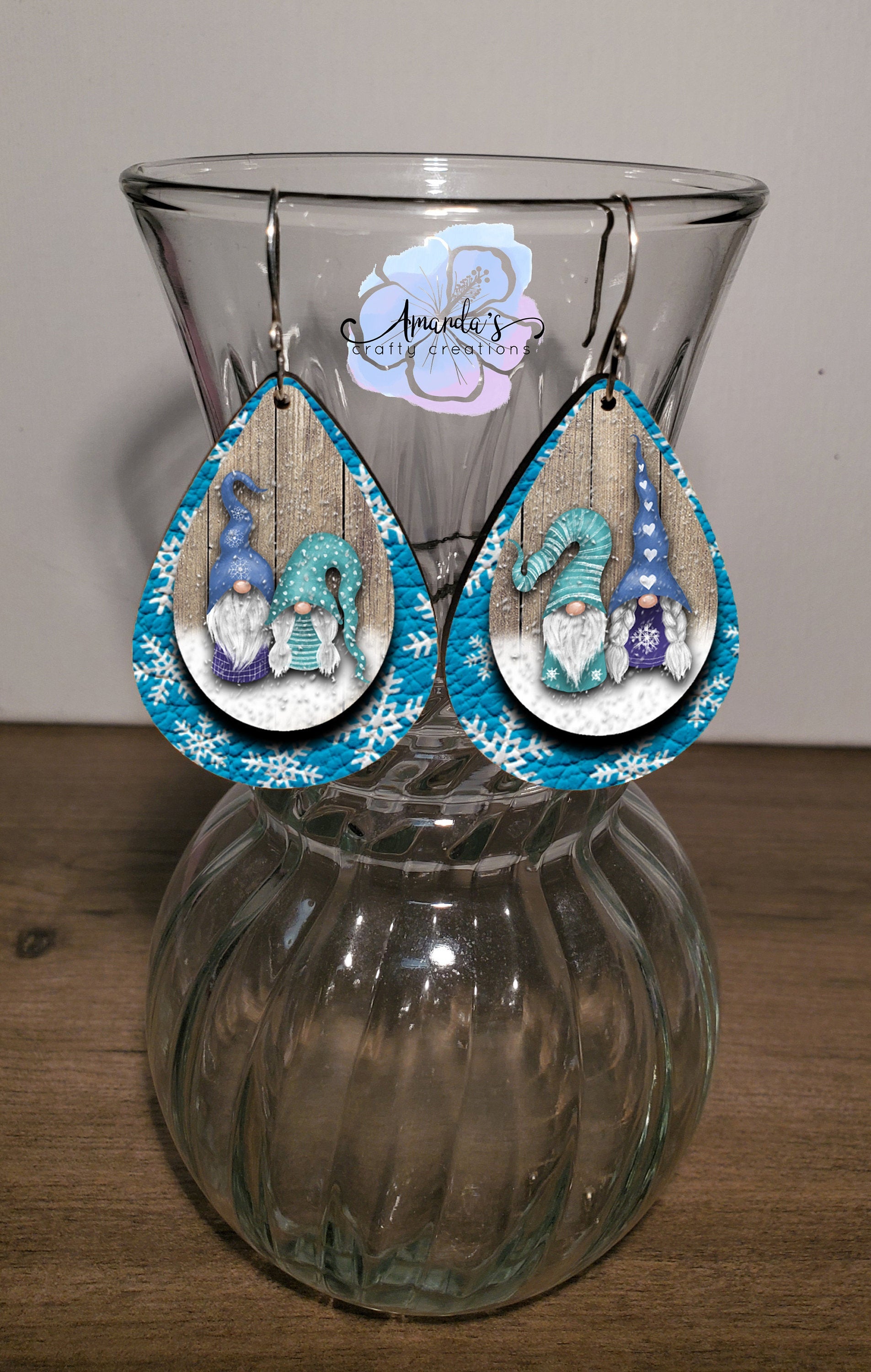 Drop Earrings, blue snowflakes with blue and shite gnomes