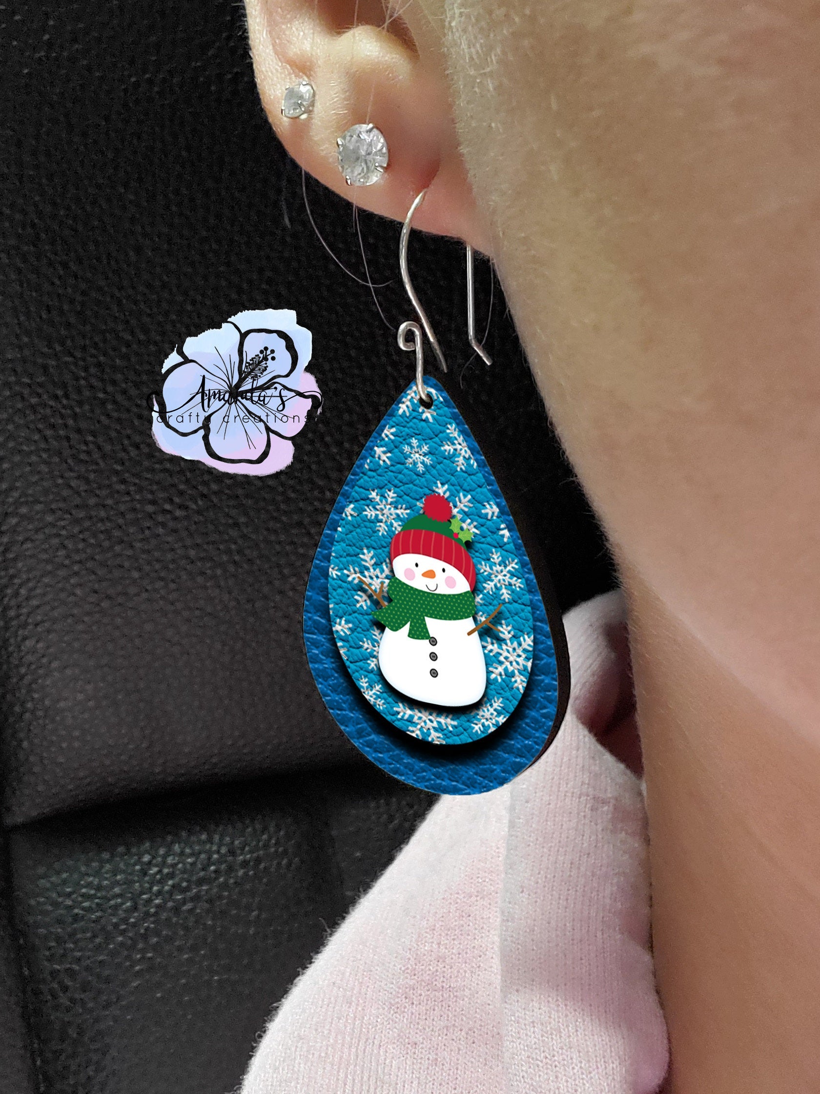 Drop Earrings, blue snowflakes with snowman