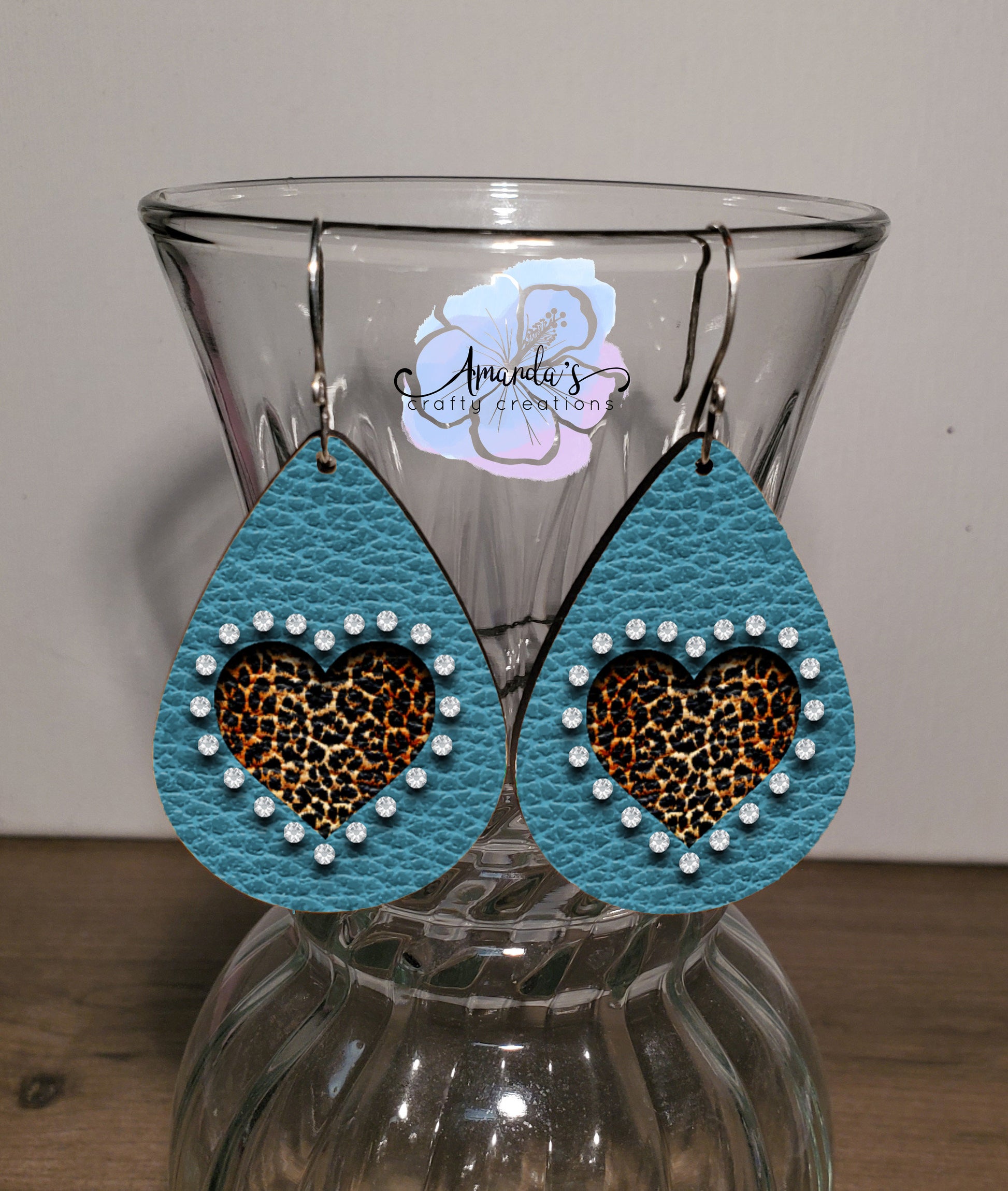 Drop earrings, Turquoise with Leopard print heart and rhinestones