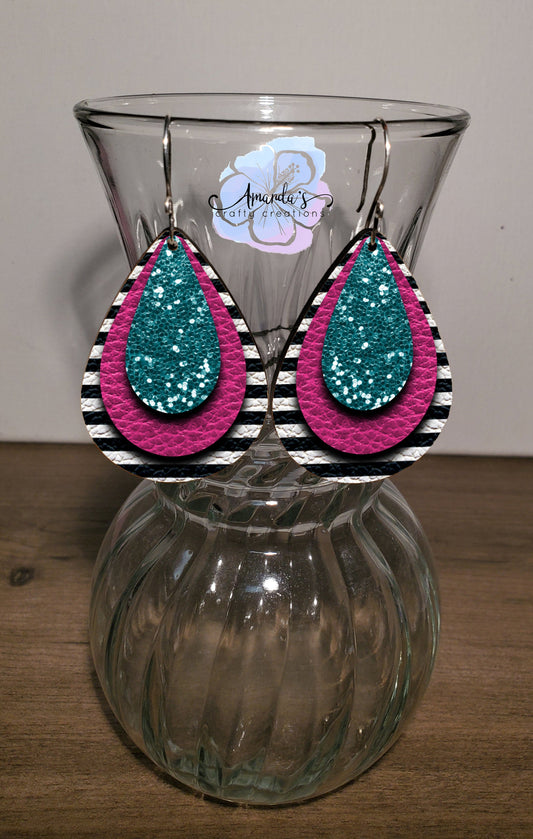 Drop Earrings, black and white stripes with pink and teal glitter