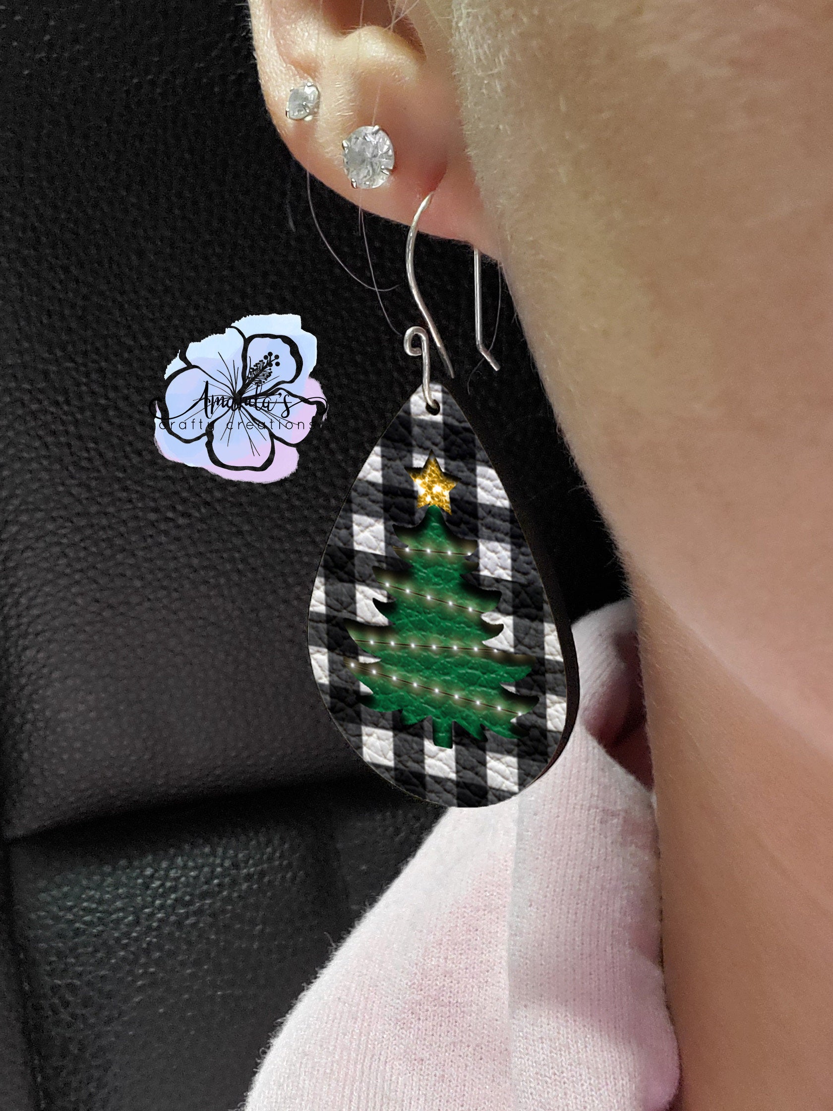 Drop Earrings, Christmas black and white buffalo plaid with tree