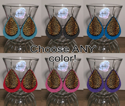Drop Earrings, choose yuor design cheetah print with blue, black, teal, red, pink, or purple backdrop