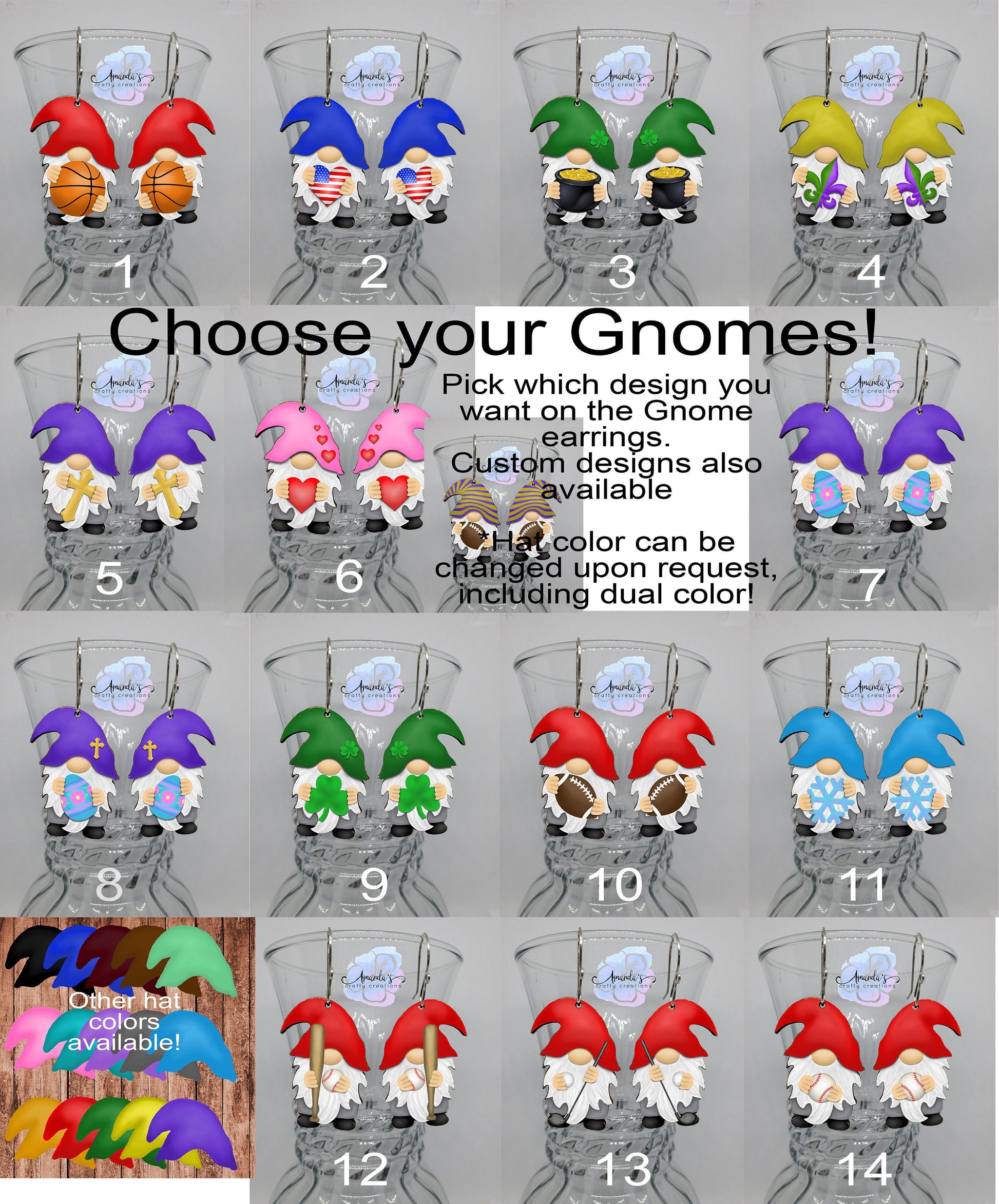 Drop earrings choose your gnome, several hat colors and accessories available for all seasons and holidays