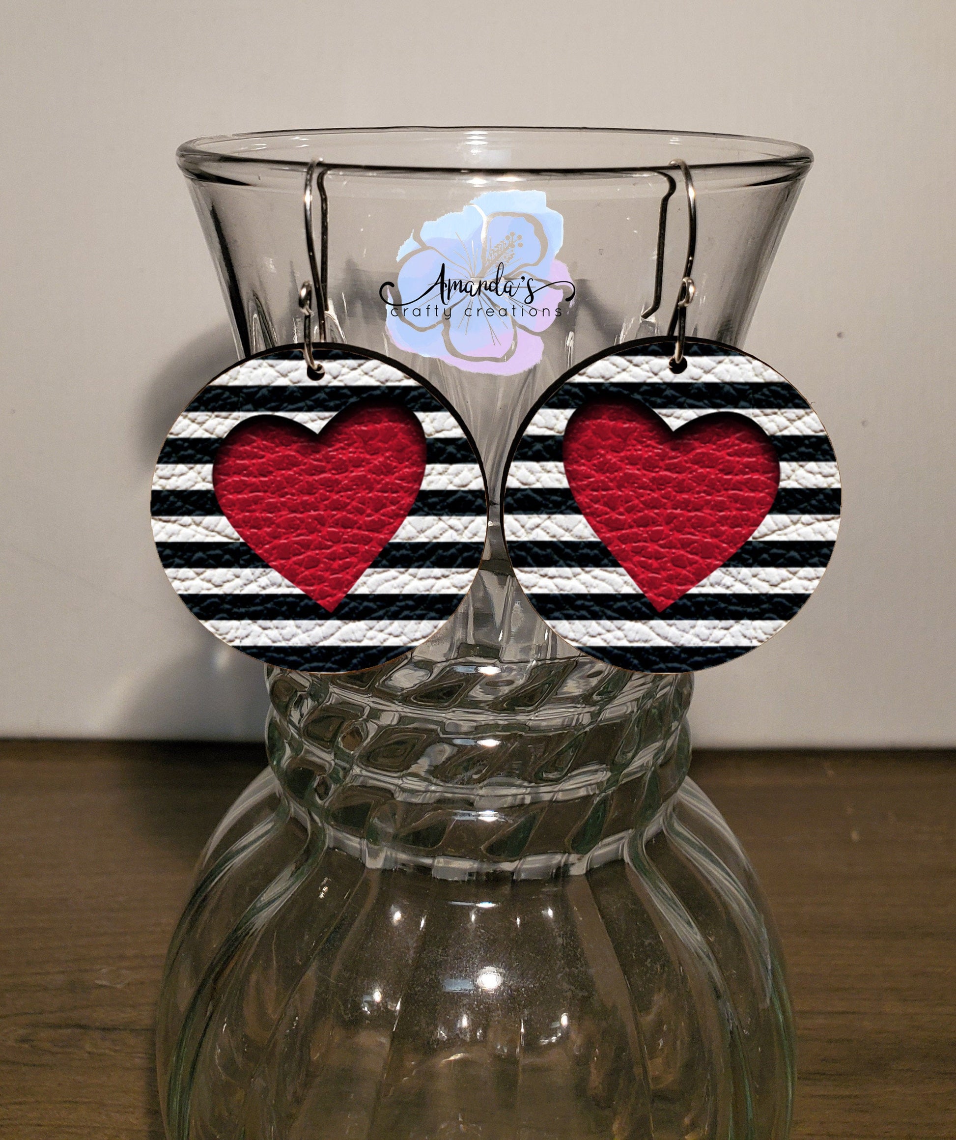Drop Earrings, black and white stripes with red heart