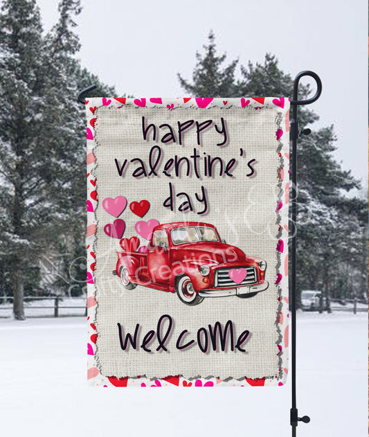 Happy Valentine's Day garden flag with antique truck