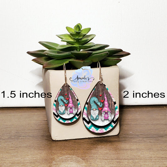 Drop Earrings, Dangle Earrings, Pink and Teal Gnomes with Hearts Leather Look Drop Earrings, Layered look earrings, Drop earrings jewelry