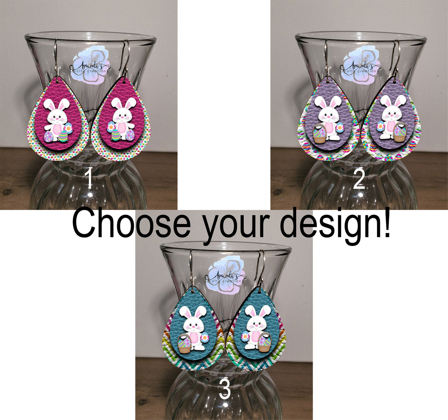 Drop Earrings, Easter bunny, choose yur design blue, purple, or pink.