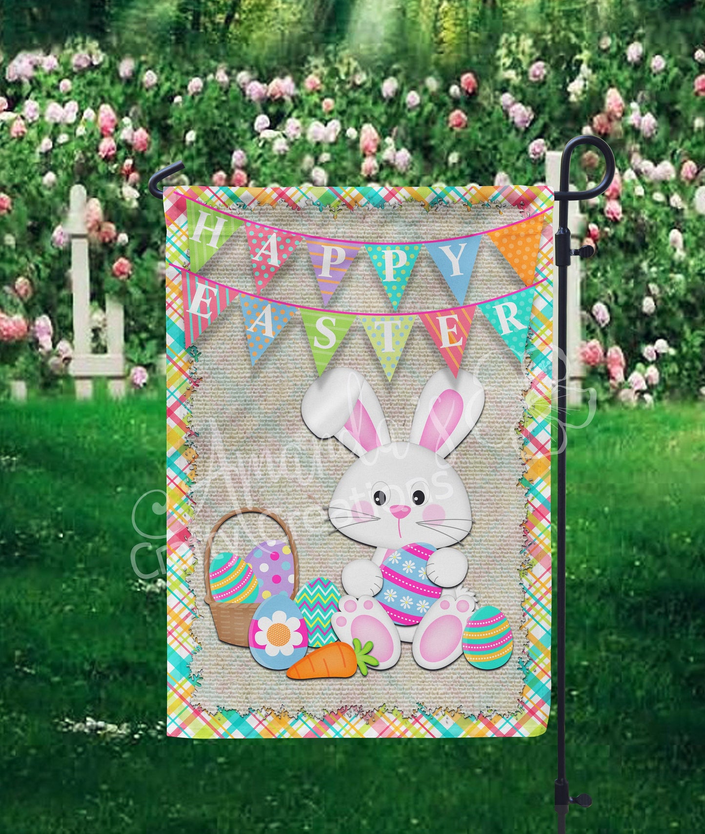 Happy Easter garden flag with baby Easter bunny