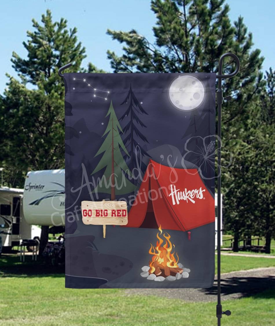 Garden flag with Nebraska Huskers camping tent and bonfire