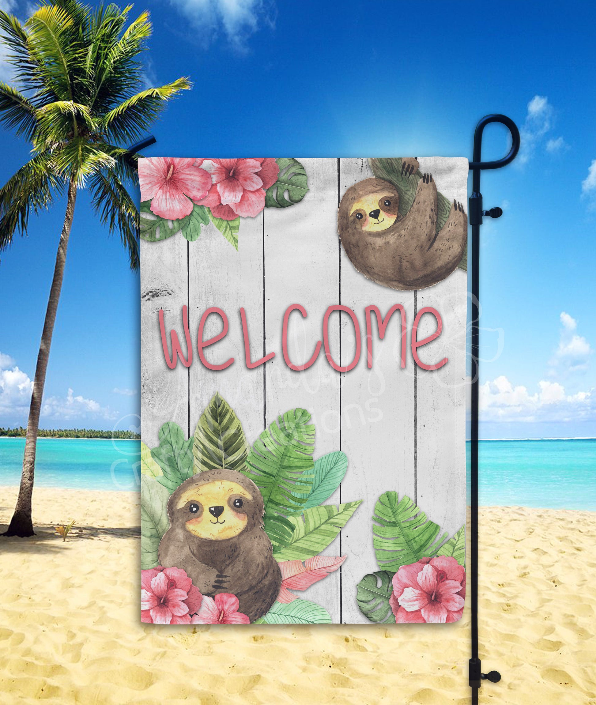 Welcome garden flag with hibiscus flowers and sloths