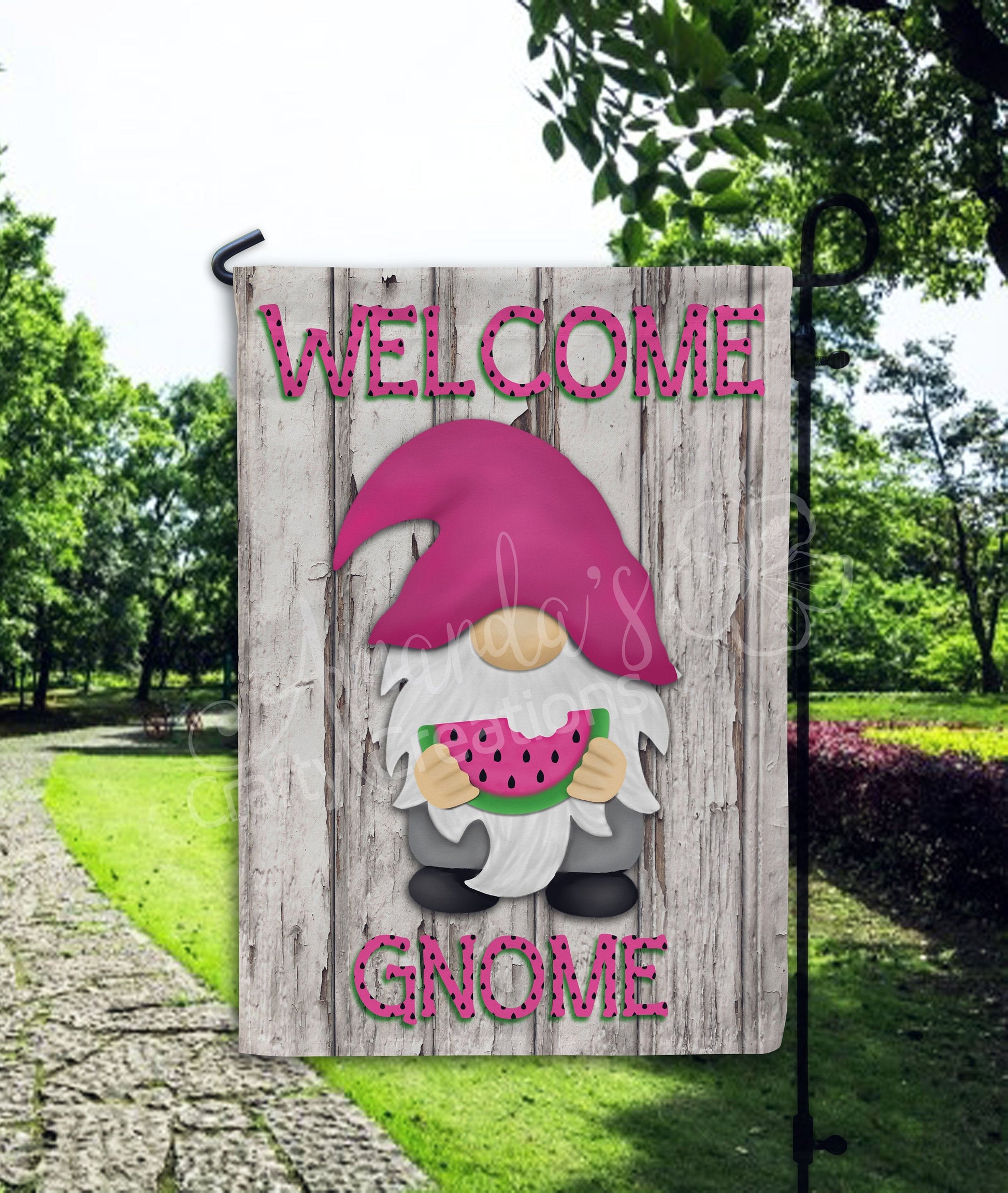 Welcome garden flag with gnome eating a watermelon
