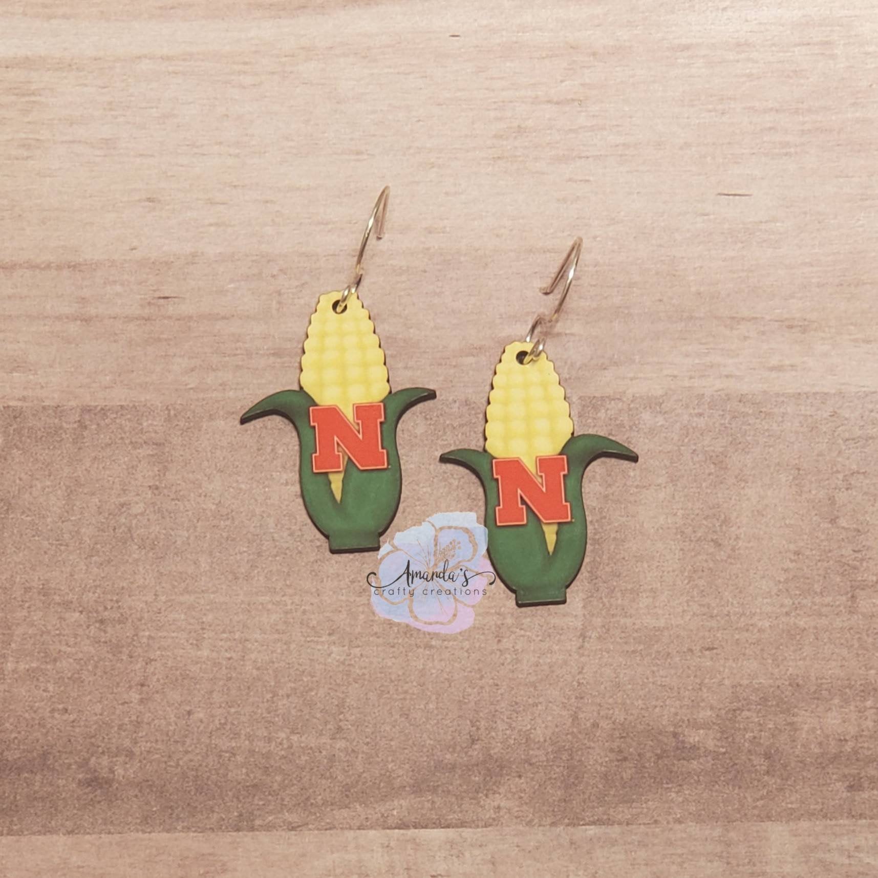 Drop Earrings, Nebraska corn huskers ear of corn