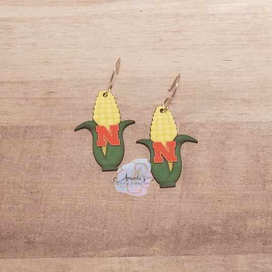 Drop Earrings, Nebraska corn huskers ear of corn