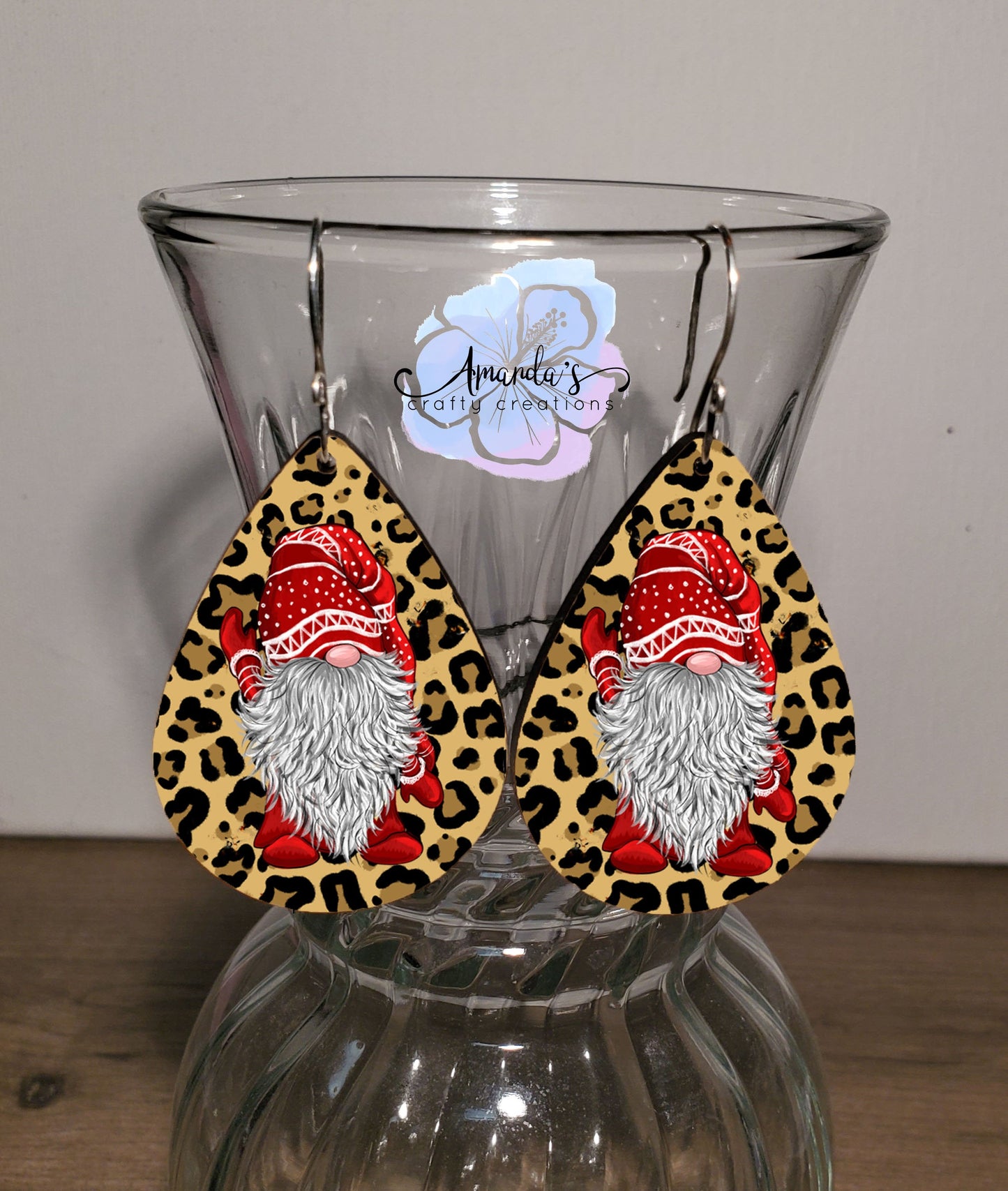 Drop Earrings, gnome in red pajamas with heetah background