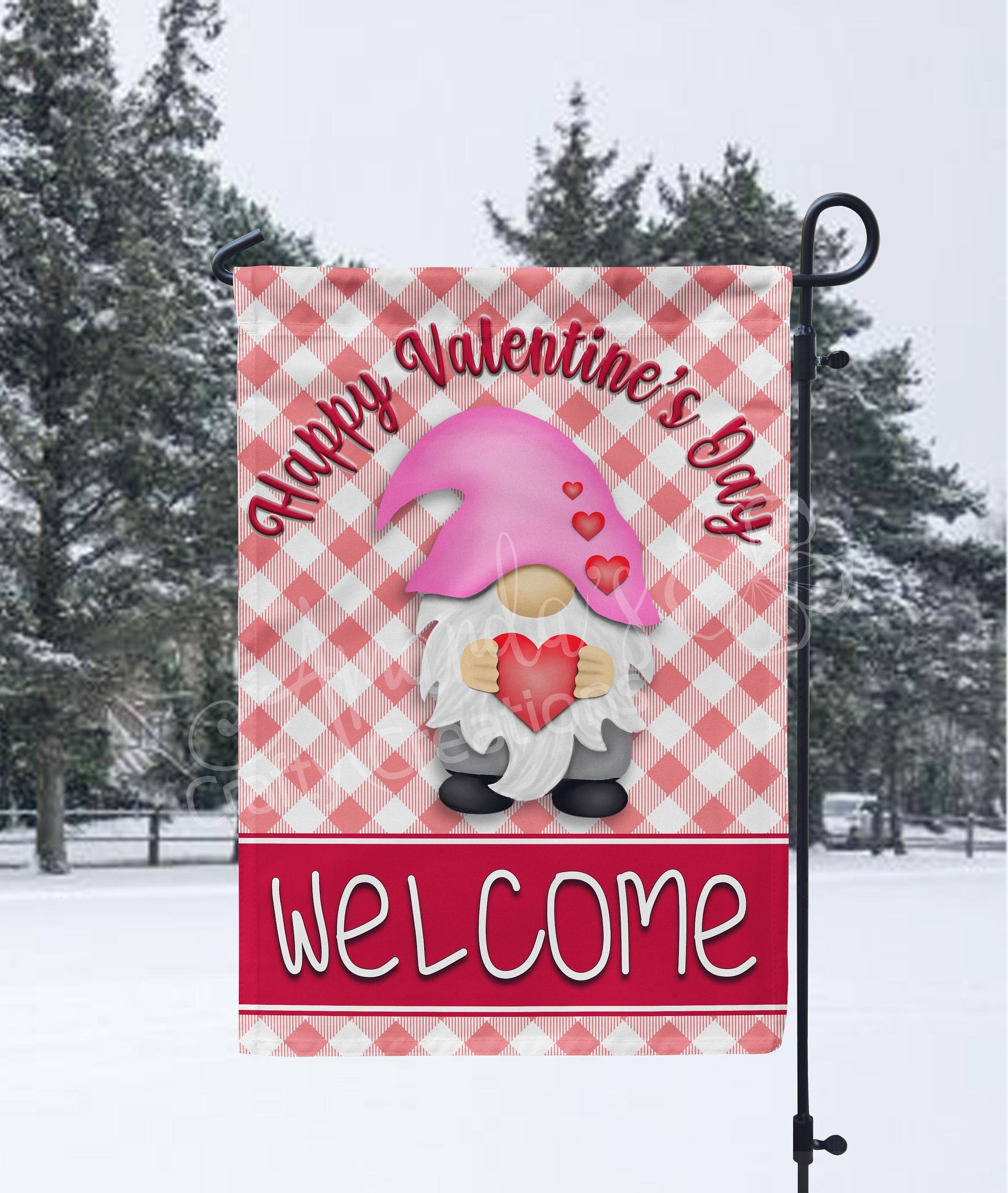 Happy Valentine's Day garden flag with gnome