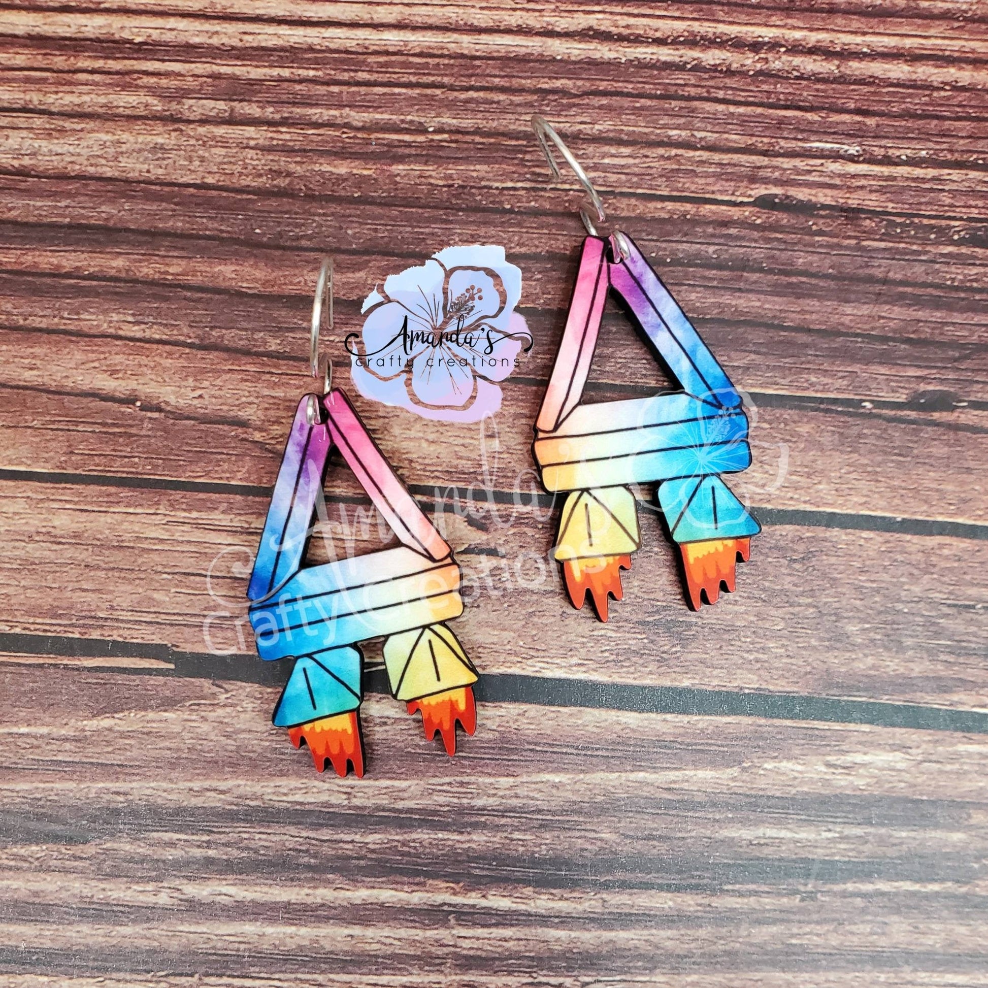 Drop Earrings, abstract rainbow rocket