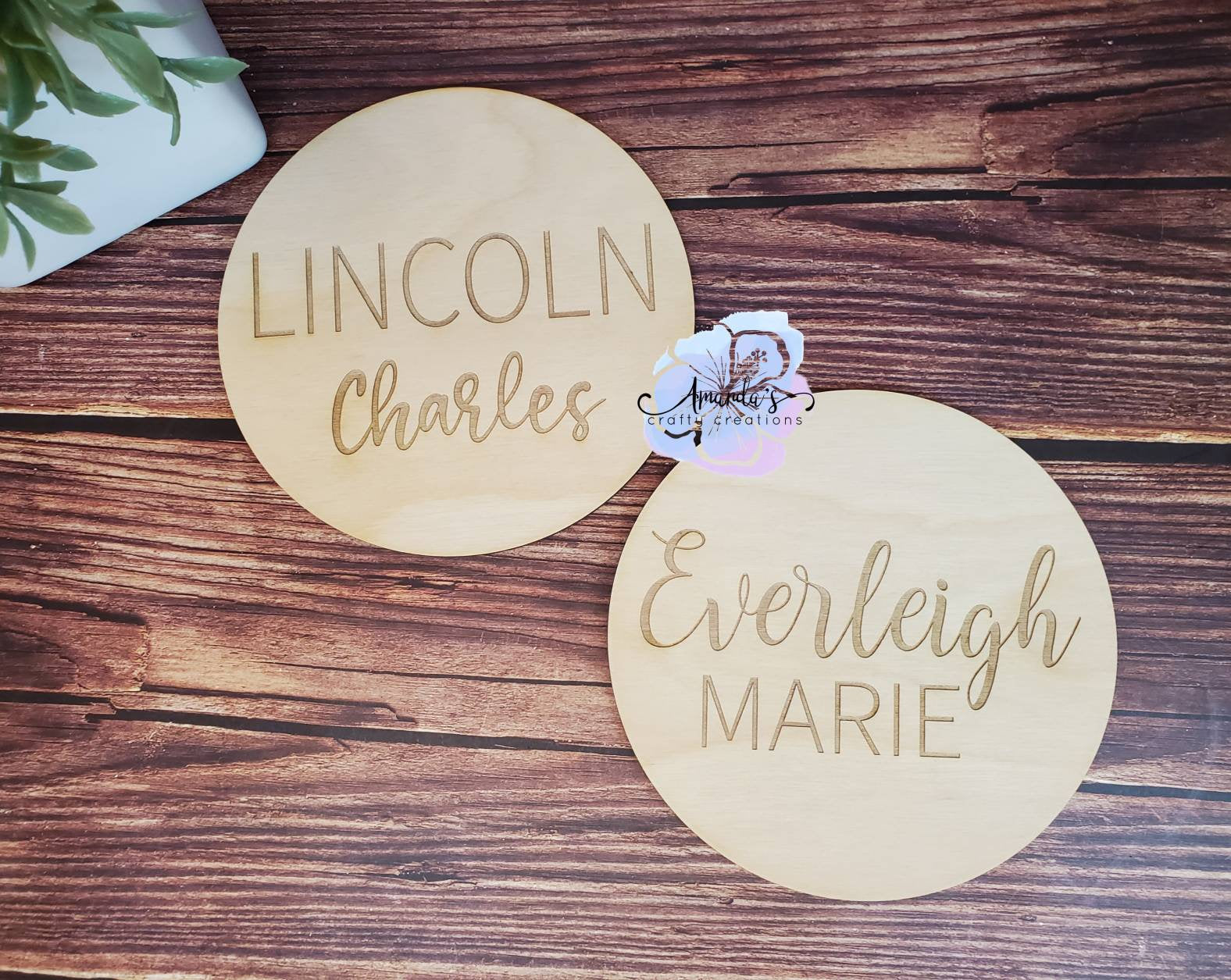 Customizable Wood engraved circles with baby name