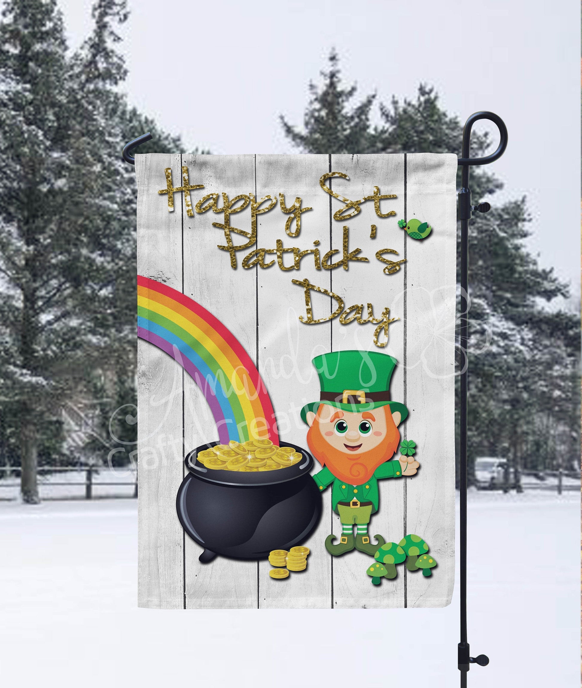 Happy St. Patrick's Day garden flag with leprechaun and pot of gold