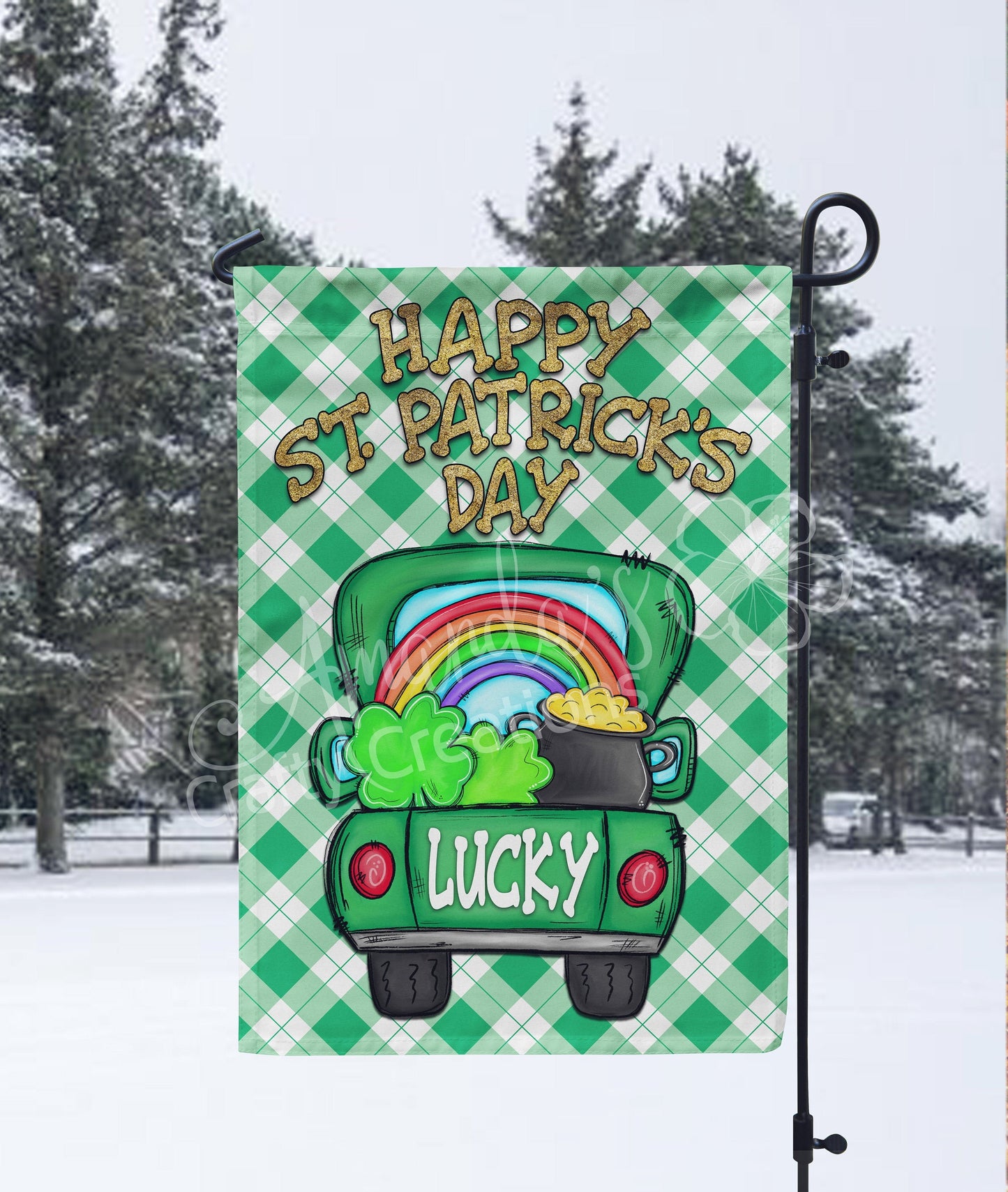 Happy St. Patrick's Day garden flag with green antique truck