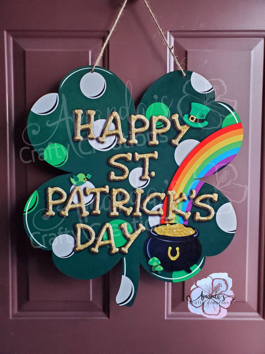 Happy St. Patrick's Day four leaf clover with rainbow door hanger